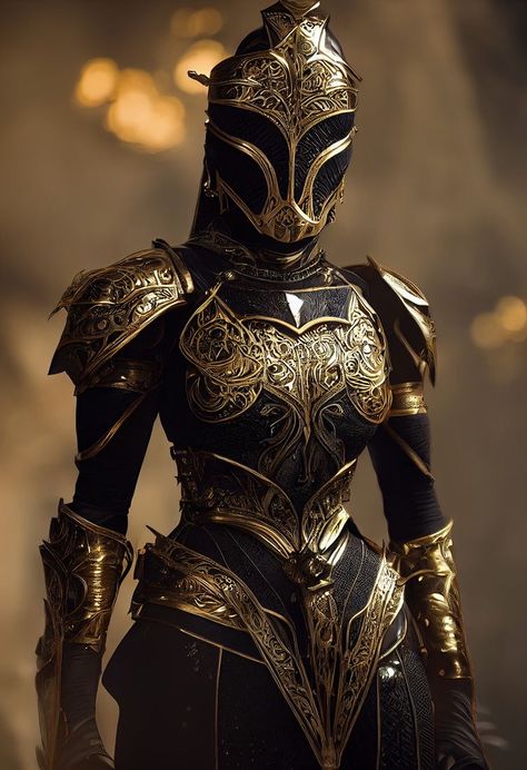 Black And Gold Armor, Gold Armor, Warrior Outfit, Female Armor, Fantasy Gowns, Fantasy Costumes, Fantasy Armor, Fantasy Aesthetic, Fantasy Dress