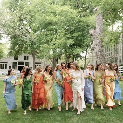 Bridesmaid Dress Multi Color, Anti Bride Bridesmaids, June Wedding Bridesmaids, Maximalist Bridesmaid Dresses, Summer Mismatched Bridesmaid Dresses, Multicolour Bridesmaids Dresses, Multi Color Bridesmaid Dresses, Eclectic Bridesmaid Dresses, Mixed Gender Bridal Party