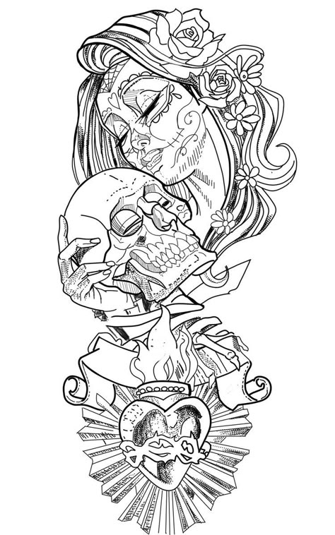 Female Calf Tattoo, Catrina Drawing, Dia De Los Muertos Tattoo Ideas, Skull Tattoo Stencil, Tattoo Crane, Gotik Tattoo, Catrina Tattoo, Skull Girl Tattoo, Half Sleeve Tattoos Drawings