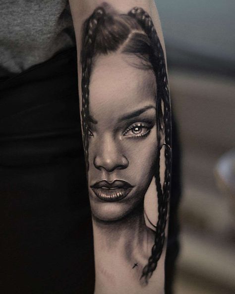 Tattoo artist Coreh Lopez, black&grey portrait realistic tattoo, surrealism | Spain Rihanna Portrait Tattoo, Celebrity Portrait Tattoo, Tattoo Portrait Realistic, Devine Tattoo, Rihanna Face, Rihanna Tattoo, Mexico Tattoo, Portrait Realistic, Tattoo Portrait