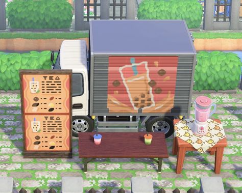 Boba truck & panel: MA-9849-8289-6649 #acnhdesign #animalcrossingnewhorizons Animal Crossing Boba Tea Shop, Boba Animal Crossing, Acnh Bubble Tea Shop, Acnh Boba Truck, Acnh Truck Code, Animal Crossing Boba Shop, Acnh Truck Design, Acnh Boba Shop, Acnh Coffee Truck