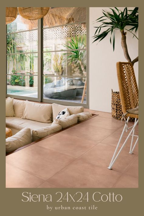 Bring the timeless beauty of cotto to your space with the Siena collection by Urban Coast Tile. These 24x24 floor tiles capture the rustic elegance of Old-World craftsmanship, perfect for creating a warm and inviting atmosphere. Explore more flooring trends and get inspired on our Flooring Trends & Inspiration board! #FlooringTrends #HomeInspiration #UrbanCoastTile #SienaTiles #InteriorDesign Light Saltillo Tile Floor, Terracotta Tiles Living Room Decorating Ideas, Light Tile Floor Living Room, Desert Modern House Interior, Spanish Tile Living Room, Brown Tiles Floor Living Room, Terracotta Floor Living Room, Tile In Bedroom, Terracotta Tiles Living Room