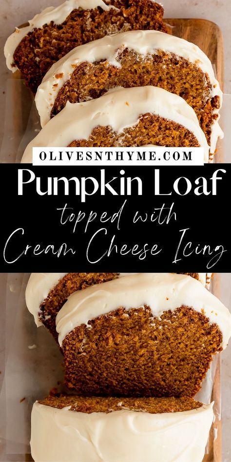 This Pumpkin Bread with Cream Cheese Frosting is a moist, flavorful and delicious pumpkin and spice filled loaf that’s perfect for fall baking. Enjoy this pumpkin bread topped with a sweet, creamy and tangy cream cheese icing. Pumpkin Spice Bread Easy, Pumpkin Bread With Brown Butter Cream Cheese Frosting, Pumpkin Bread Cupcakes, Pumpkin Bread Topping Recipe, Best Pumpkin Loaf Recipe, Pumpkin Loaf With Glaze, Pumpkin Spice Cake Bread, Spiced Bread Recipe, Pumpkin Cream Cheese Loaf Recipe