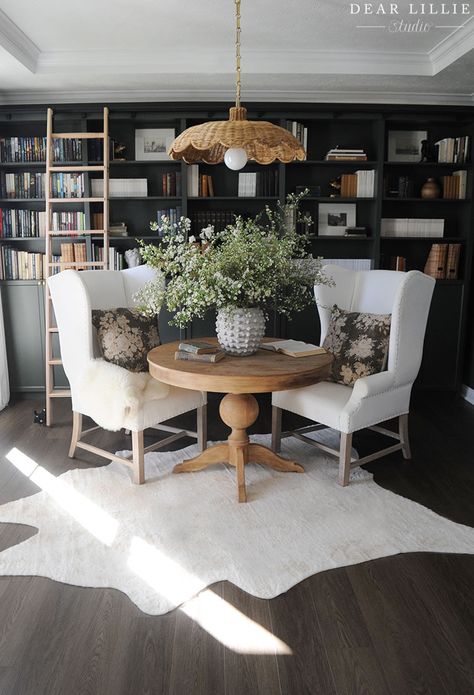 Bookshelf Dining Table, Dining Table In Library, Billy Bookcase Reading Nook, Book Shelves In Dining Room, Home Library Dining Room, How To Style A Library, Bookcase Alternatives, Couch Between Bookcases, Alternative To Dining Room