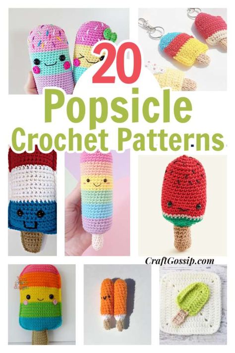 Summer Crochet Projects To Sell, Crochet Summer Decor, Summer Amigurumi Free Pattern, Summer Crochet Amigurumi, Crochet Popsicle Pattern Free, Felt Popsicle Pattern, Popsicle Crochet Pattern, Crochet Popsicle Holder Pattern Free, Amigurumi Popsicle