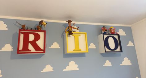 Pixar Nursery Theme, Toy Story Cloud Wall, Disney Themed Nursery Boy Toy Story, Toy Story Andy's Room, Story Boxes, Toy Story Toddler Bedding, Toy Story Bedroom, Toy Story, Baby Nursery