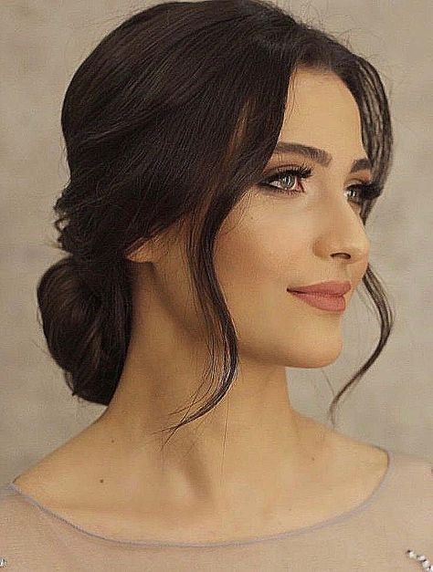 Updo Front And Back View, Front Of Hair Updo, Loose Low Bun Wedding Hair Front View, Bun Front Hairstyle, Middle Part Bun Wedding, Updos From The Front View, Elegant Hair Bun, Bridal Hair Round Face, Hairdo For Round Face