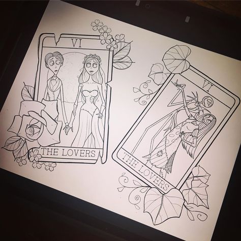 ✨up for grabs✨ I would love to do these burton inspired tarot cards #tattoo #tattooartist #ladytattooers #timburton #tomburtontattoo… Tarot Cards Tattoo, Corpse Bride Tattoo, Cards Tattoo, Tim Burton Tattoo, Nightmare Before Christmas Drawings, Traditional Tattoo Flowers, Nightmare Before Christmas Tattoo, Tarot Tattoo, Tarot Card Tattoo