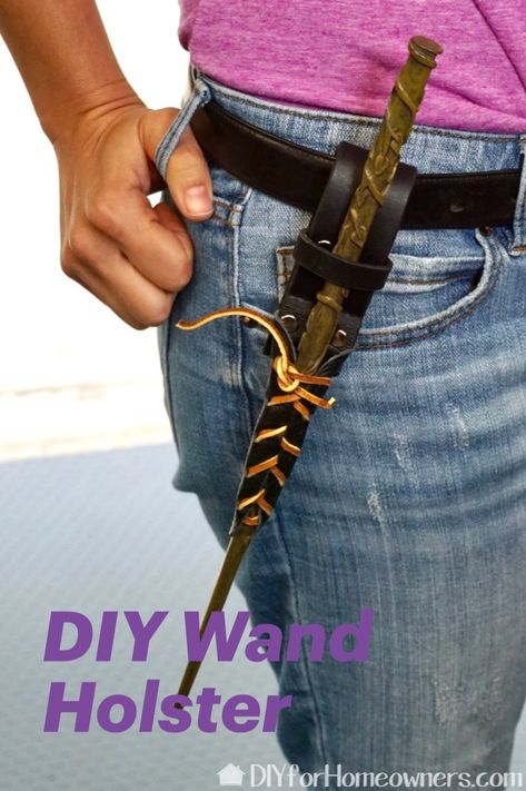 From upcycle leather and a few tools, you can create this wand holder. It hangs from your belt so your wand is always at the ready! Wand Holder Belt, Wand Holder Belt Diy, Leather Wand Holder, Diy Wand Holster, Wand Holder Diy, Ren Faire Birthday Party, Steampunk Parasol, Puffs Play, Wand Holster