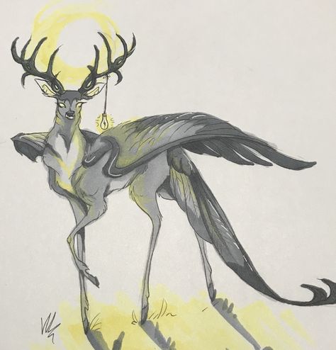 Winged Deer Fantasy Art, Fantasy Deer Mount, Deer With Wings Drawing, French Mythical Creatures, Deer Creature Design, Mystical Creatures Sketches, Deer Human Hybrid, Hybrids Animals, Deer Hybrid Human