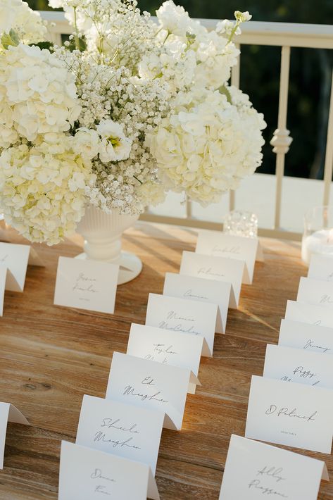 Our couple chose to do an escort table at their San Diego wedding at the Park Hyatt Aviara. The gorgous light wooden trestle table had white escort cards from Shine and a green and white flower arrangment at the center with candles. Photo: Emily Magers, Florist: Angelical Flowers