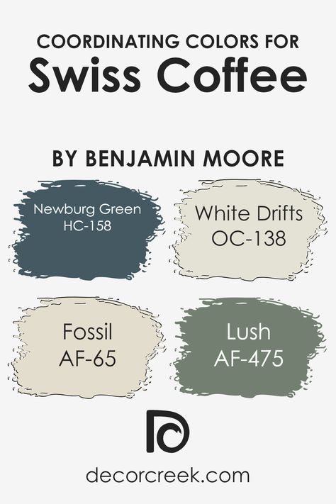 Swiss Coffee OC-45 Paint Color by Benjamin Moore Swiss Coffee Benjamin Moore, Swiss Coffee, Benjamin Moore Colors, Coordinating Colors, Benjamin Moore, Color Pallets, Paint Color, Accent Colors, Old Houses