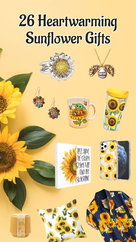 Sunflower Gifts Ideas, Sunflower Gift Ideas, Sunflower Pillow, Auction Ideas, Flower Gift Ideas, Work Anniversary, Gift Guide For Him, Sunflower Gifts, Birthday Gift Baskets