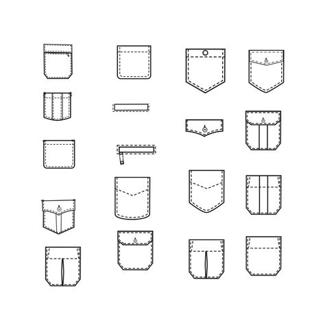 Pockets Fashion Flat Templates / Technical Drawings / Fashion CAD Designs for Adobe Illustrator / Fashion flat sketch - Payhip Denim Technical Drawing, Menswear Technical Drawing, Clothing Templates Design, Types Of Pockets Fashion, Types Of Pockets Sketches, Pocket Design Fashion Men, Pants Technical Drawing, Tshirt Pocket Design, Pocket Logo Design