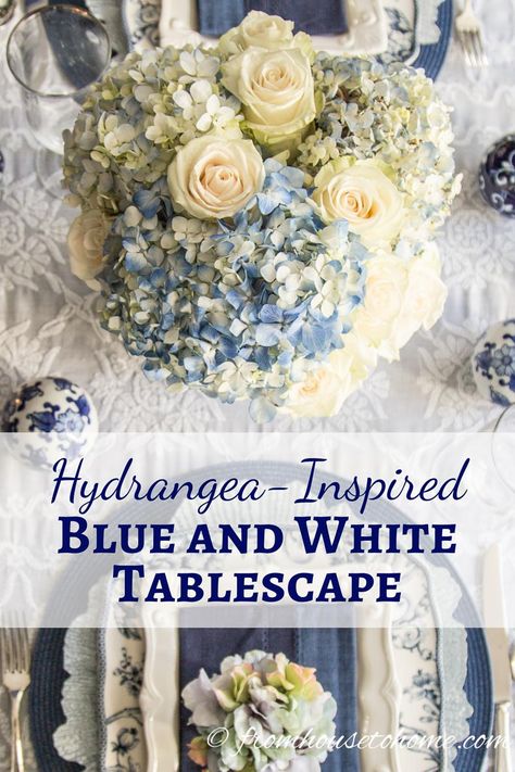 Hydrangea-inspired Blue and White Tablescape | If you're looking for Easter dinner or spring table ideas, this blue and white table setting has a hydrangea centerpiece that is perfect for the occasion. The blue and white place setting is really pretty, too. Wedding Flowers Blue, Blue And White Table Setting, Flowers Blue And White, Dinner Party Tablescapes, White Table Setting, White Tablescape, Dinner Party Table Settings, White Table Settings, Hydrangea Centerpiece