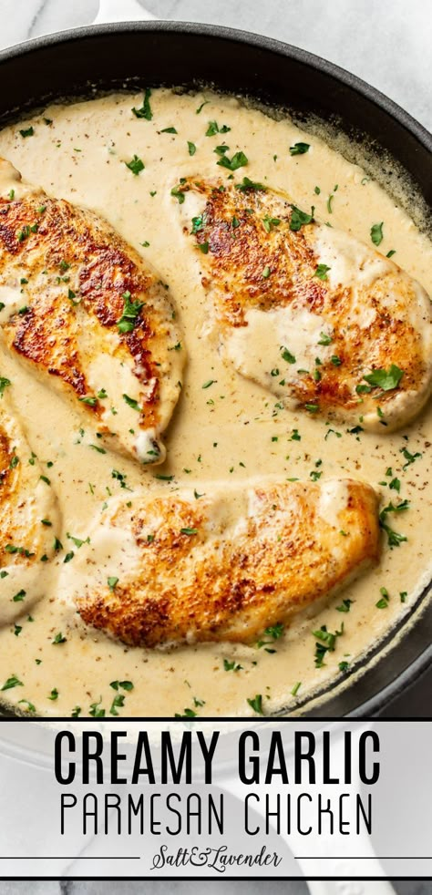 a skillet with chicken and text overlay that reads creamy garlic parmesan chicken Creamy Garlic Chicken Skillet, Creamy Lemon Parmesan Chicken Piccata, Golden Caesar Parmesan Chicken, Creamy Garlic Parm Chicken Crockpot, Low Fat Creamy Chicken Recipes, Cheesy Parmesan Chicken, Simple Home Edit Creamy Garlic Chicken, Recipes With Fresh Parmesan Cheese, Keto Creamy Garlic Parmesan Chicken