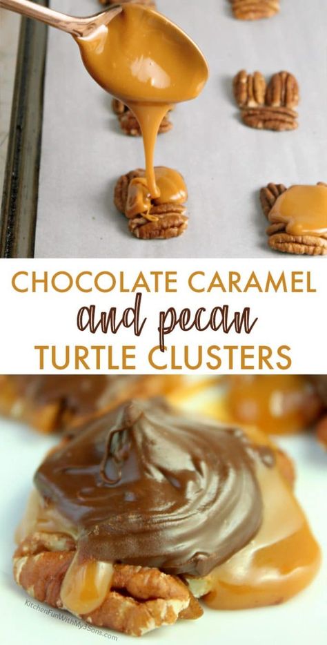 Chocolate Caramel And Pecan Turtle Clusters, Chocolate Pecan Turtle Clusters, Pecan Turtle Clusters, Pecan Turtles Recipe, Turtle Clusters, Turtles Recipe, Easy Christmas Treat, Caramel Clusters, Turtle Recipe