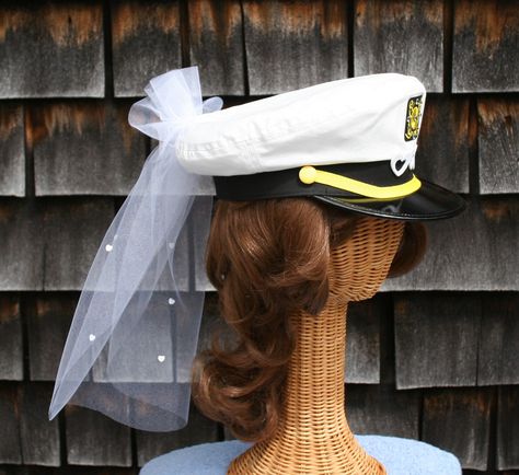 Bridal CAPTAIN'S Hat with Veil - trimmed with HEARTS perfect for Nautical Bachelorette Party, Destination Wedding or Honeymoon ... #200-VH by CapeStarr on Etsy https://www.etsy.com/listing/234741641/bridal-captains-hat-with-veil-trimmed Nautical Rehearsal Dinner, Veils Bridal Diy, Cruise Bachelorette Party, Nauti Bride, Captain's Hat, Nautical Bachelorette Party, Nautical Bachelorette, Nautical Bridal Showers, Hat With Veil