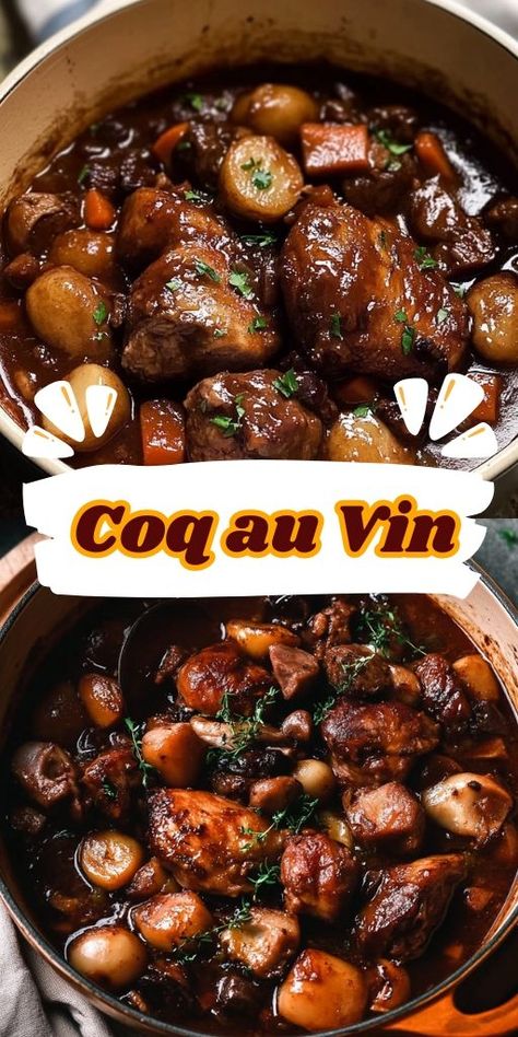 Coq au Vin Ingredients: Chicken Marinade: 4 chicken thighs (bone-in, skin-on) 4 chicken drumsticks 16 pearl onions or pickling onions 1 bay leaf 3 thyme sprigs (or 1 tsp dried thyme) 750 ml (3 cups) Pinot Noir or other dry red wine For Coq au Vin Stew: 400g (14oz) white mushrooms, halved (quartered if large) 150g (5oz) bacon, cut into 1 x 2.5cm batons 60g (4 tbsp) unsalted butter 3 garlic cloves, minced 2 tbsp tomato paste 7 tbsp plain/all-purpose flour #CoqauVin Coq Au Vin Chicken, French Coq Au Vin, Co Coq Vin, Red Wine Chicken Marinade, Chicken Pinot Noir, Coq Au Vin Crockpot, Coco Vin Chicken, Best Coq Au Vin Recipe, Cog Au Vin Recipe