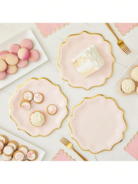 Pink and Gold Party Supplies: Use our pink scalloped paper plates set for girl's baby shower decor on a dining table, or use them at the buffet and dessert table Perfect Party Decorations: These pink and gold plates feature foiled edges and are ideal for creating a celebratory atmosphere and a perfectly coordinated theme for your special event Good Quality: These light pink paper plates are made from heavy-duty paper to resist breaking or folding while carrying food; please note these plates are Bridal Shower Tablescape, Alice In Wonderland Tea Party Birthday, 100th Birthday Party, Pink Plates, Birthday Plate, Party Trays, Alice In Wonderland Tea Party, Girl Baby Shower Decorations, Pink Table