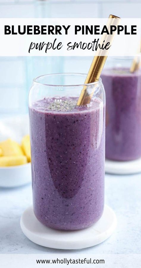 Blueberry Pineapple Smoothie is made with sweet blueberries, juicy pineapple, plant milk and naturally sweetened with banana. This dairy-free and gluten-free smoothie is high in fiber, antioxidants and vitamins and perfect for healthy breakfast or snack. Purple Smoothie Recipes, Blueberry Pineapple Smoothie, Nutritional Smoothie Recipes, Purple Smoothie, Healing Smoothie, Gluten Free Smoothie, Pineapple Plant, Vegan Smoothie Bowl, Juice Smoothies Recipes