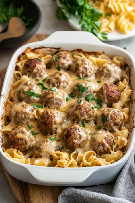 Swedish Meatball Pasta Bake Swedish Noodle Bake, Swedish Meatball Noodle Casserole, Swedish Meatball Noodle Bake Recipe, Swedish Meatball Noodle Bake, Swedish Meatball Casserole Recipe, Swiss Meatballs, Swedish Meatballs With Egg Noodles, Swedish Meatball Casserole, Swedish Meatball Pasta Bake