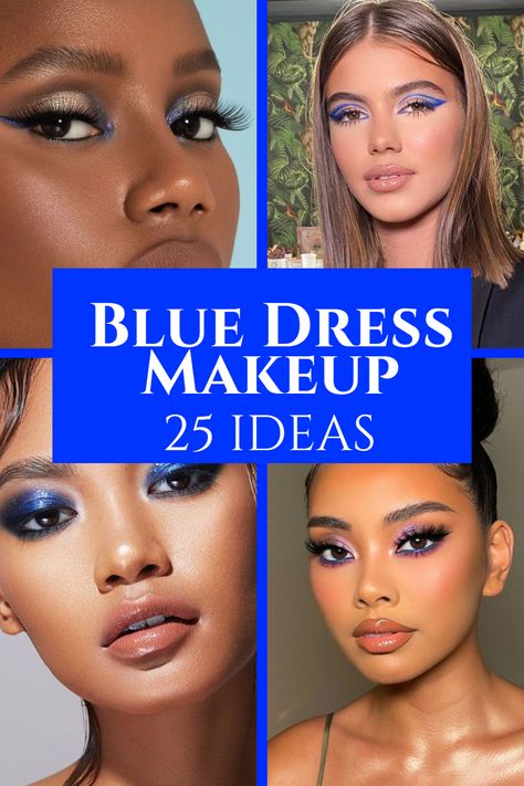 Enhance your blue dress with a navy-inspired makeup look. Opt for rich shades that complement your attire. For weddings, try soft and romantic makeup with a subtle smokey eye and a rosy lip. Whether it's summer or spring, let your makeup enhance your beauty. Coordinate your look with a shorter, stunning makeup idea that will make you feel confident and beautiful on your special day. Make Up For Royal Blue Outfit, Glam Makeup For Blue Dress, Make Up For Blue Dress Wedding Guest, Formal Make Up For Blue Dress, Makeup Royal Blue Dress, Makeup Looks For Navy Blue Dress Formal, Formal Makeup With Blue Dress, Eye Makeup For A Blue Dress, Homecoming Eye Makeup Blue Dress