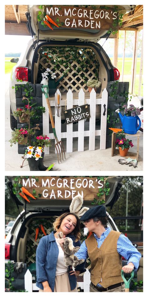 Mr McGregor’s garden was a big hit for trunk or treat! Garden Theme Trunk Or Treat, Spring Trunk Or Treat Ideas, Plant Trunk Or Treat, Flower Trunk Or Treat Ideas, Trunk Or Treat Gnome, Easter Trunk Or Treat, Peter Rabbit Trunk Or Treat, Bunny Trunk Or Treat Ideas, Gnome Trunk Or Treat Ideas