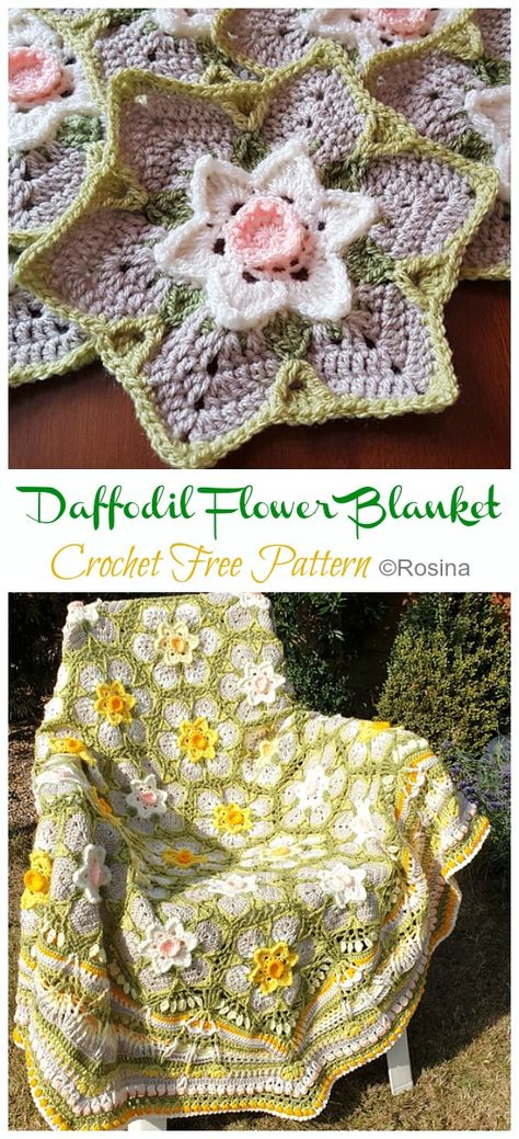 Daffodil Flower Blanket Crochet Free Pattern - Crochet & Knitting Cute Flower Crochet Blanket, 3d Flower Crochet Blanket, Daffodil Granny Square, Crochet Daffodil Free Pattern, Spring Crochet Blanket, Crochet Flower Blanket Pattern Free, Flower Blanket Crochet, Daffodil Crochet, Crochet Blanket Patterns For Beginners