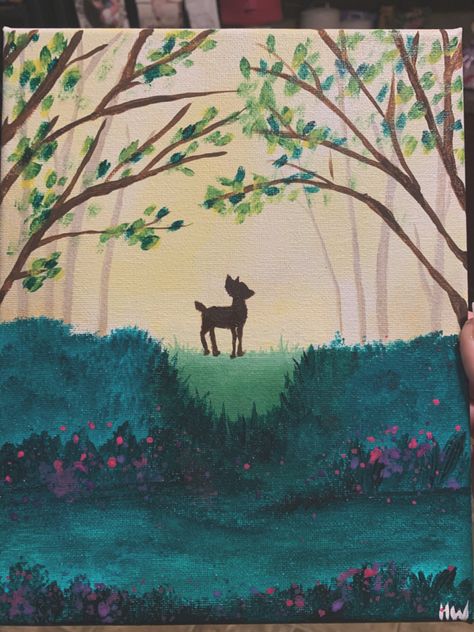 Disney Landscape Painting, Disney Acrylic Painting, Bambi Painting, Bambi Art, Disney Paintings, Easy Canvas Painting, Disney Fairies, Painting Inspo, House Art