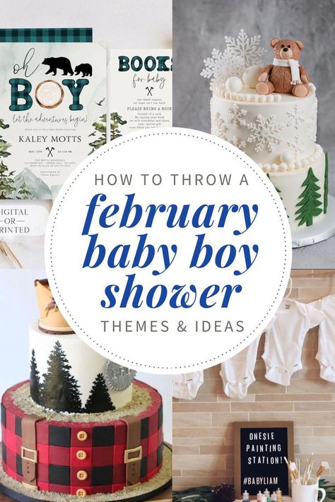 A February baby boy shower inspiration board featuring rustic winter-themed invitations, snowy cake designs, plaid decorations, and a onesie painting station, perfect for a cozy winter baby shower. February Baby Shower Themes, Boy Shower Ideas, Baby Boy Shower Ideas, February Baby Showers, Unique Baby Shower Themes, Winter Baby Shower Themes, Cozy Ideas, Painting Station, February Baby