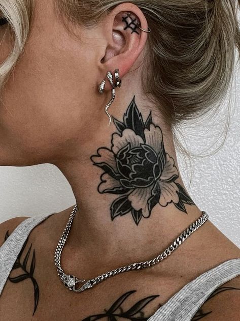 Women Flower Neck Tattoo, Bold Neck Tattoo, Traditional Rose Neck Tattoo, American Trad Neck Tattoo, Neck Tattoos Women Traditional, American Traditional Neck Tattoos Women, Traditional Flower Neck Tattoo, Flower On Neck Tattoo, Traditional Neck Tattoos Women