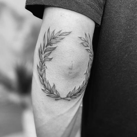 Laurel Wreath Tattoo Elbow, Olive Branch Elbow Tattoo, Angelic Tattoos, Laurel Wreath Tattoo, Tattoo Chart, Random Tattoo Ideas, Nirvana Tattoo, Olive Branch Tattoo, Wreath Tattoo