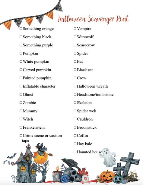 The kids will love this free printable Halloween scavenger hunt. Walk or drive around the neighborhood and see who can find the most items. Printable Halloween Scavenger Hunt, Free Halloween Printables, Boo Board, Printables Ideas, Free Printable Halloween, Halloween Scavenger Hunt, Black Cat Painting, Halloween Printables Free, Pumpkin Spider