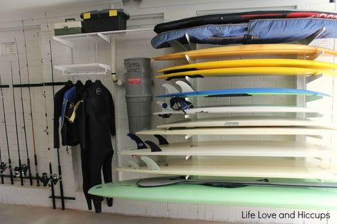 Garage surf storage and prep Elfa System, Casa Casuarina, Surfboard Storage, Surf Rack, Gear Room, Garage Organisation, Surfboard Rack, Board Storage, Surf House