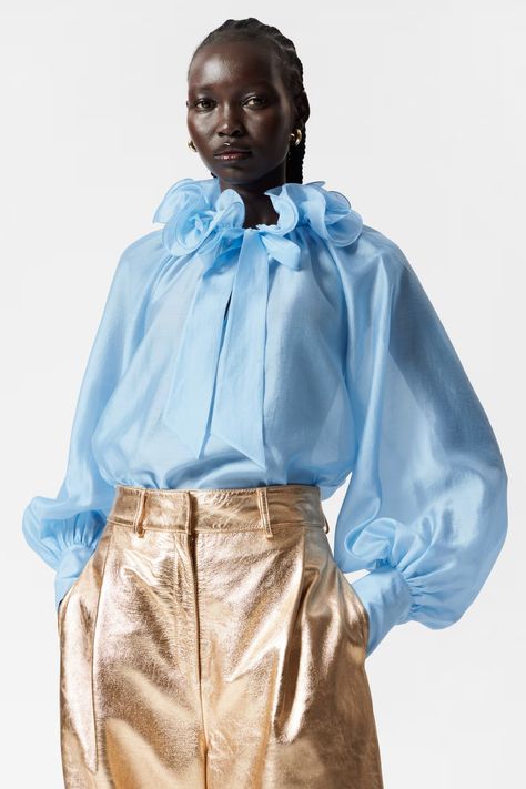 Ruffled Tie-Neck Blouse - Light Blue - Ladies | H&M GB Exaggerated Collar, Light Blue Blouse, Voluminous Sleeves, Waistcoat Dress, Flare Sleeves, Tie Neck Blouse, Ruffled Collar, Tshirt Skirt, Alternative Outfits