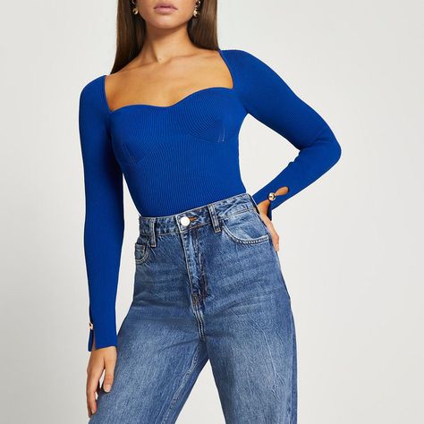 Checkout this Blue ribbed sweetheart neck top from River Island Blue Bustier Top, Sweetheart Neck Top, Cuff Detail, Ribbed Top, Bustier Top, Sweetheart Neck, Bright Blue, Suits You, Sweetheart Neckline