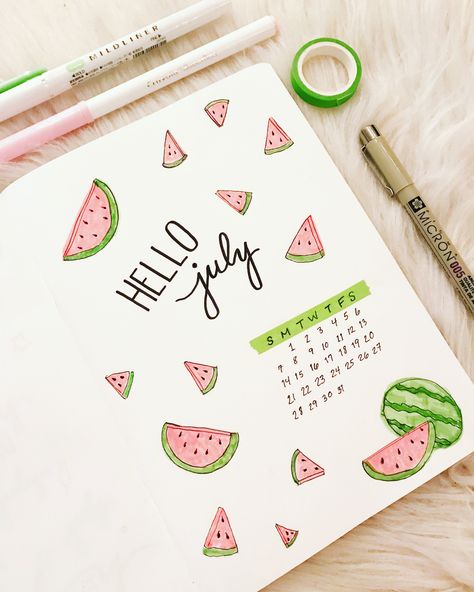 Dayary Ideas, Watermelon Bujo Cover, Calendar Ideas Journal, May Page Bullet Journal, Journal Ideas Monthly Calendars, Easy Calendar Ideas, Bujo July Cover Page, Journal July Ideas, Watermelon Bullet Journal Theme