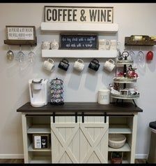 Coffee And Wine Bar, Wine And Coffee Bar, Coffee/wine Bar, Coffee Bar Station, Coffee Bar Ideas, Café Design, Diy Coffee Bar, Farmhouse Coffee Bar, Coffee Bar Design