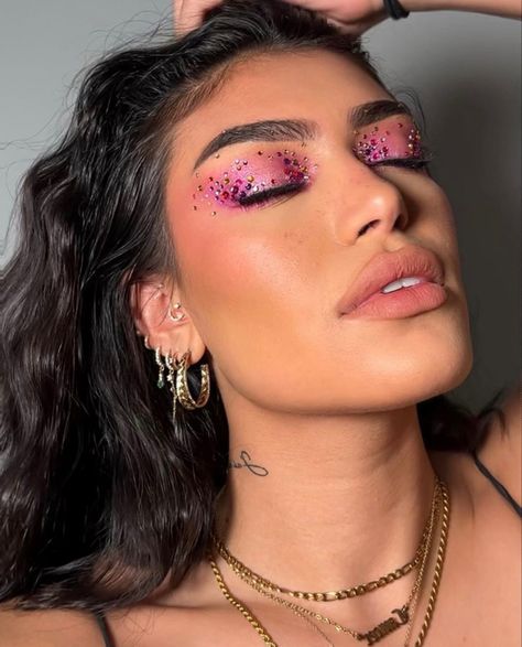 Pastel Rhinestone Makeup, Pink Face Gem Makeup, Pink Face Jewels, Pink Bling Makeup, Glitz And Glam Hair And Make Up, Pink Futuristic Makeup, Colorful Rhinestone Makeup, Pink Gemstone Makeup, Pink Eyeshadow Rhinestones