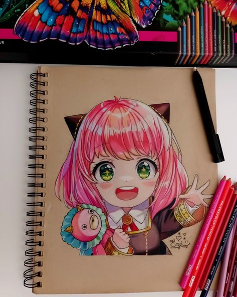 Anime Drawing With Pencil Colour, Anime Color Pencil Art Drawings, Colored Pencil Anime Art, Prismacolor Art Anime, Spyxfamily Drawing, Colored Pencil Anime, Anime Drawing Coloured, Anime Color Pencil Art, Watercolour Anime Art