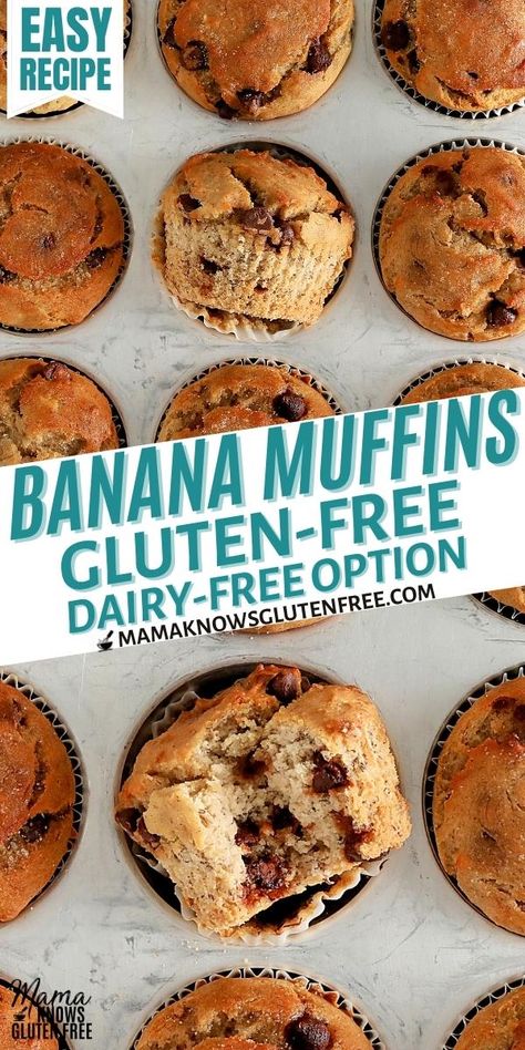 An easy recipe for gluten-free banana muffins. This gluten-free breakfast recipe also has a dairy-free option. Banana Muffins With Chocolate Chips, Favorite Deserts, Muffins With Chocolate Chips, Muffins With Chocolate, Paleo Breads, Gluten Free Banana Muffins, Gluten Free Dinner Easy, Gf Baking, Healthy Inspiration