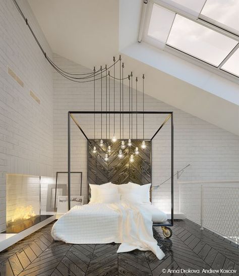 Fairytale Bedroom, Design Ložnic, Industrial Bedroom, White Bed, Design Del Prodotto, Bedroom Loft, Modern Bed, Bedroom Lighting, Dream Bedroom