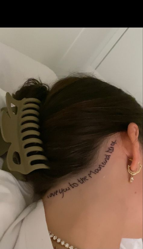 small hairline tattoo for my mama Hair Line Tattoo Neck, Cute Sideburn Tattoos For Women, Back Of Neck Hair Line Tattoo, Tattoos Under Chin, Neck Hairline Tattoos Women, Hairline Neck Tattoo, Under Chin Tattoo Woman Words, Back Of Neck Hairline Tattoos For Women, Hair Line Tattoos For Women