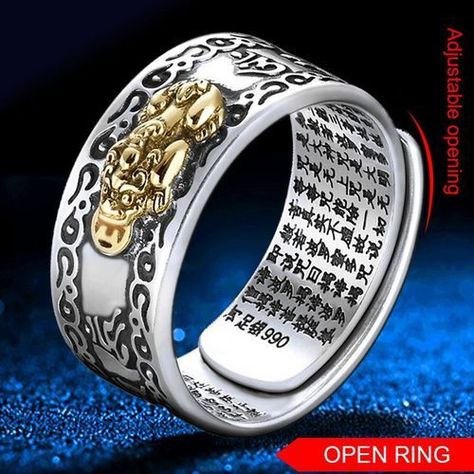 Pixiu Charms Ring Feng Shui Amulet Wealth Lucky Open Adjustable Ring, According Chinese ancient buddhist is believe to attract; Good luck, Wealth and Good fortune. Mantra Ring, Buddhist Jewellery, Om Mani Padme Hum, Costume Jewelry Rings, 7 Chakras, Charm Rings, Sanskrit, Men's Rings, Titanic