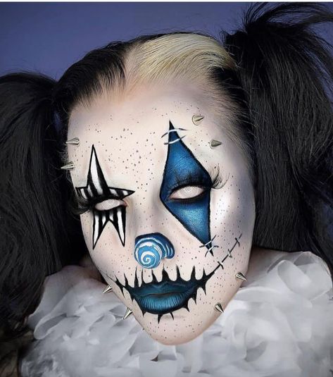 Creepy Clown Halloween Makeup, Clown Skeleton Makeup, Face Paint Makeup Ideas, Clown Nose Makeup, Clown Looks Makeup, Evil Jester Makeup, Blue Clown Makeup Halloween, Sfx Clown Makeup, Scary Clown Makeup Ideas