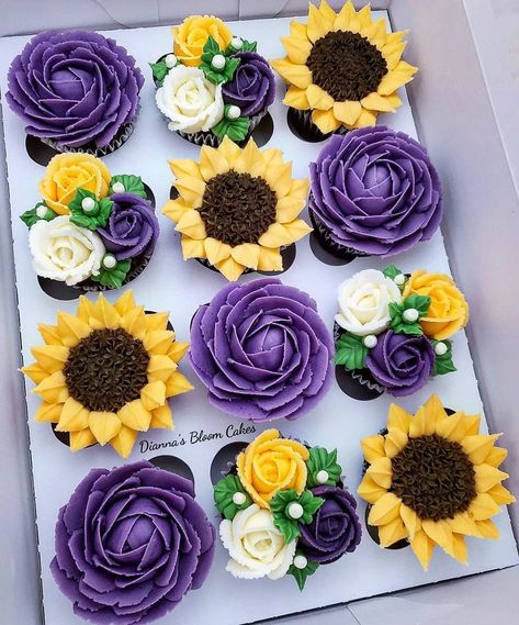 Purple Sunflower Cake, Purple And Sunflowers, Purple Sunflower Wedding Cake, Sunflower And Lavender Wedding Cake, Purple And Yellow Cupcakes, Sunflower And Purple Wedding, Purple Cupcakes Ideas, Purple And Sunflower Wedding, Cupcake Icing Decorating