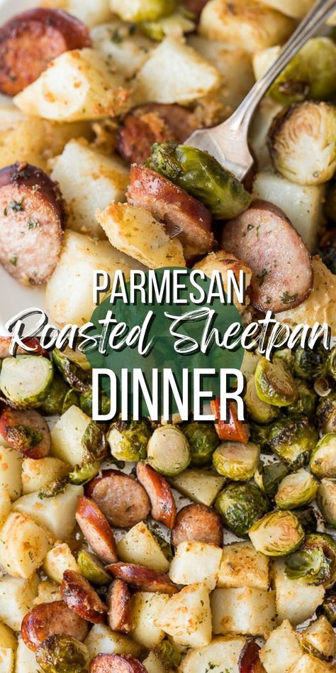 This Parmesan Roasted Sheet Pan Dinner is a complete meal all made on one pan! My kids go crazy for this simple summer dinner recipe! Sheet Pan With Potatoes, Beef Sausage Sheet Pan Dinner, 2 People Meals Recipes, Gluten Free One Pan Dinners, Sheet Pan Dinners For One, Quick One Pan Dinner, Sheet Pan Meals For Two, Summer Sheet Pan Dinner Ideas, One Pan Sheet Dinners