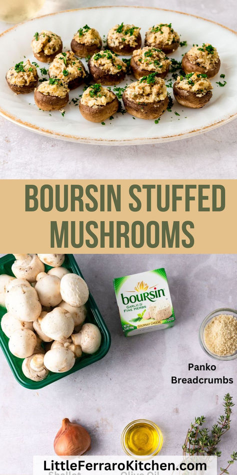 Your guests are going to go nuts over these Boursin stuffed mushrooms! Creamy herb and garlic cheese is mixed with sautéed shallots and stuffed inside button mushroom caps. After a quick bake, you won't be able to resist these easy savory and cheesy stuffed mushrooms! Boursin Stuffed Mushrooms, Boursin Appetizers, Cheesy Stuffed Mushrooms, Stuffed Mushrooms Vegetarian, Boursin Recipes, Thanksgiving Salad Recipes, Stuffed Mushrooms Easy, Cheese Recipes Appetizers, Mushroom Appetizers