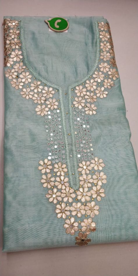 Gotapatti Work Kurti Design, Gotapatti Work Kurti Neck Design, New Hand Work Designs Suit, Gotapatti Work Kurti, Kurti Hand Work Design, Embroidery Fashion Detail, Gotta Work, Hand Embroidery Dress, Embroidery On Kurtis